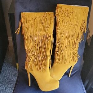 Yellow Fringe High Heel Boots